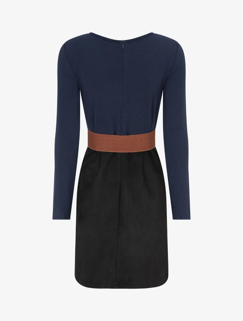Robe droite en maille et suédine à manches longues et zip - Marine/noir