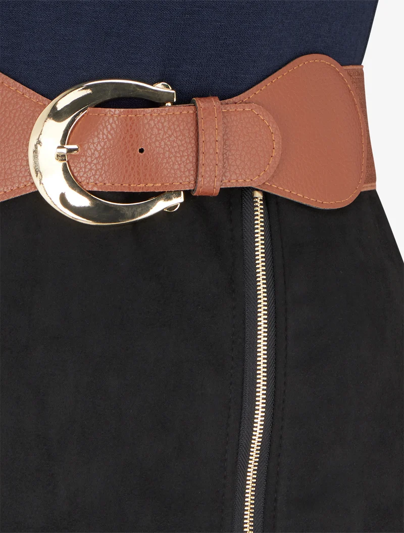 Robe droite en maille et suédine à manches longues et zip - Marine/noir