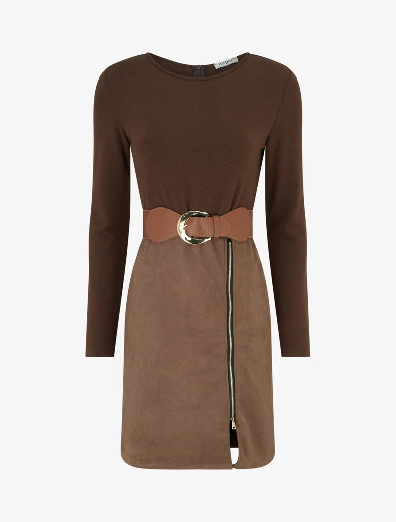 Robe droite en maille et suédine à manches longues et zip - Marron