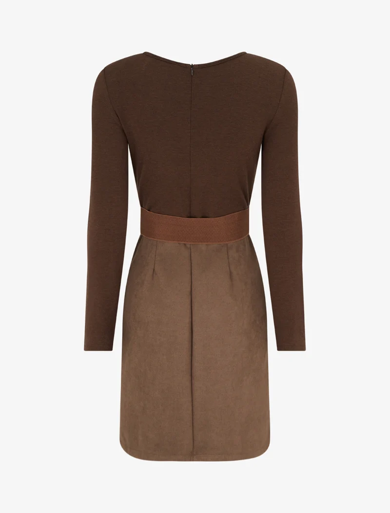 Robe droite en maille et suédine à manches longues et zip - Marron