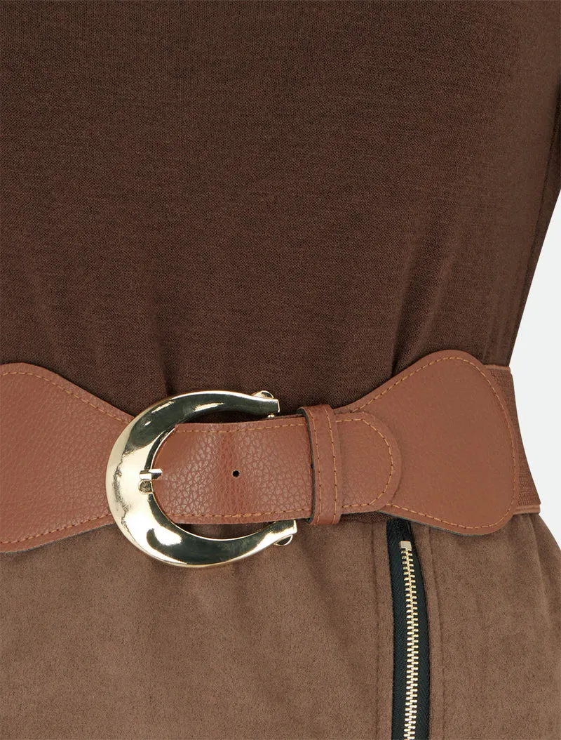 Robe droite en maille et suédine à manches longues et zip - Marron
