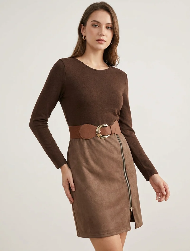 Robe droite en maille et suédine à manches longues et zip - Marron