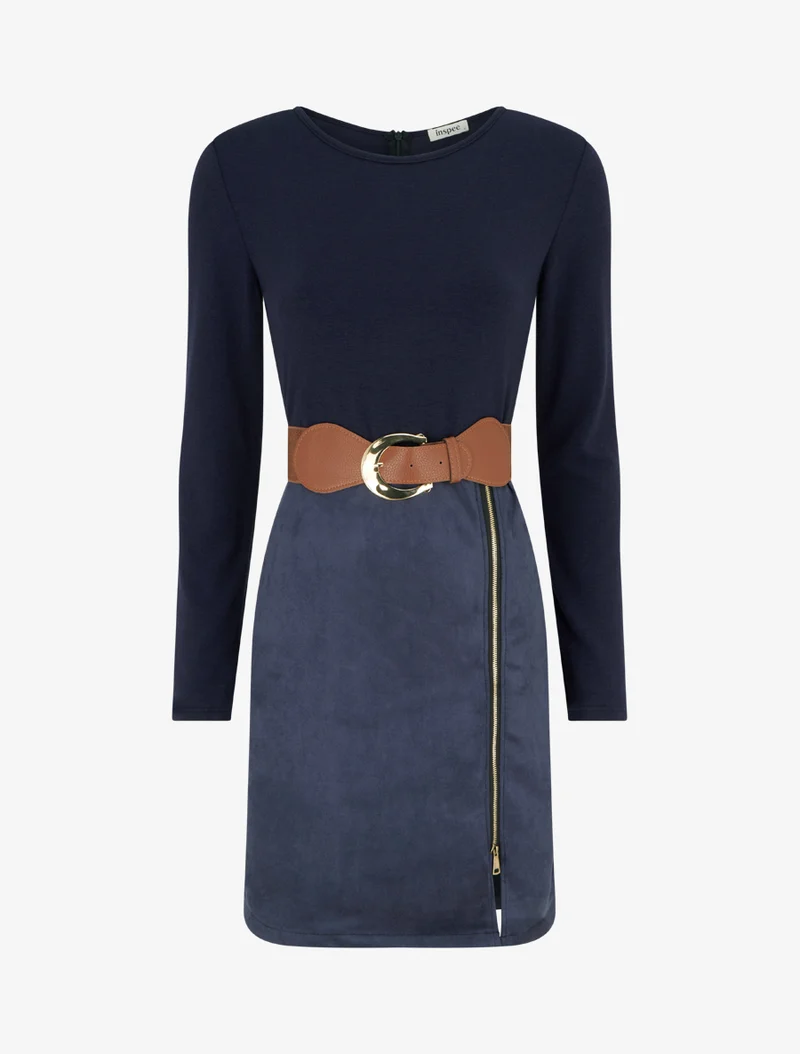 Robe droite en maille et suédine à manches longues et zip - Marine