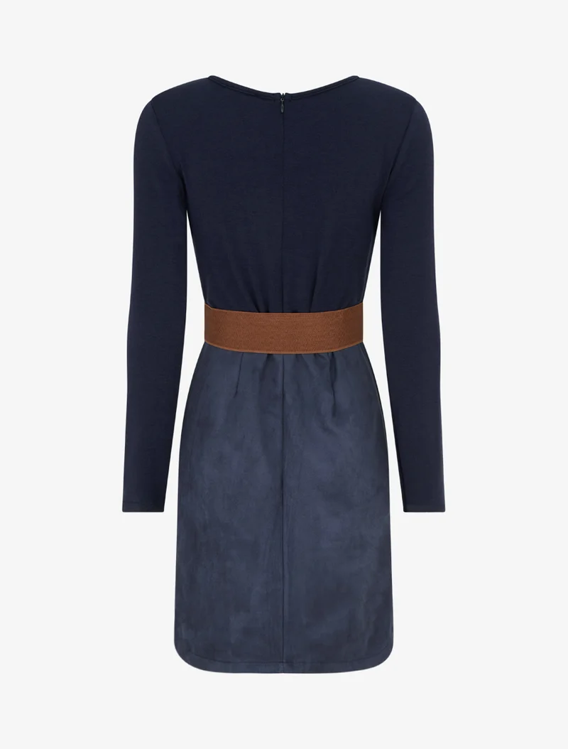 Robe droite en maille et suédine à manches longues et zip - Marine