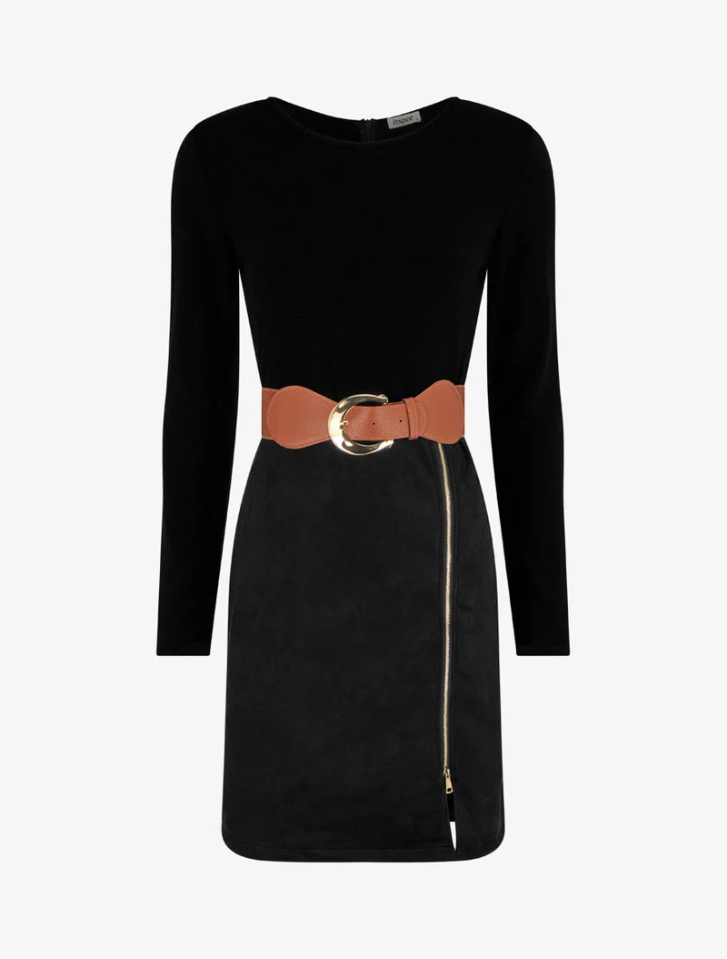 Robe droite en maille et suédine à manches longues et zip - Noir
