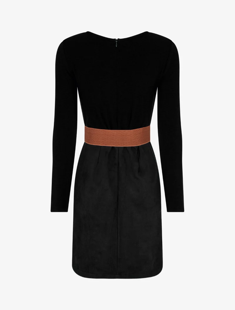 Robe droite en maille et suédine à manches longues et zip - Noir
