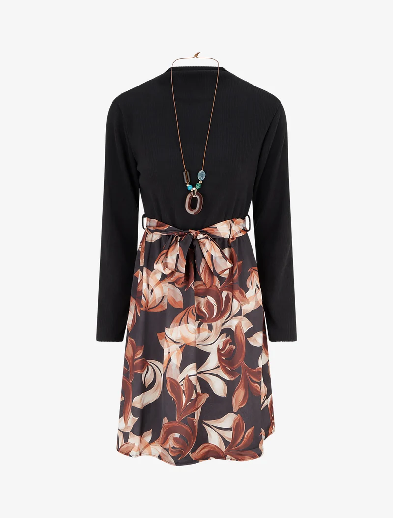 Robe bimatière à imprimé feuillage stylisé - Noir