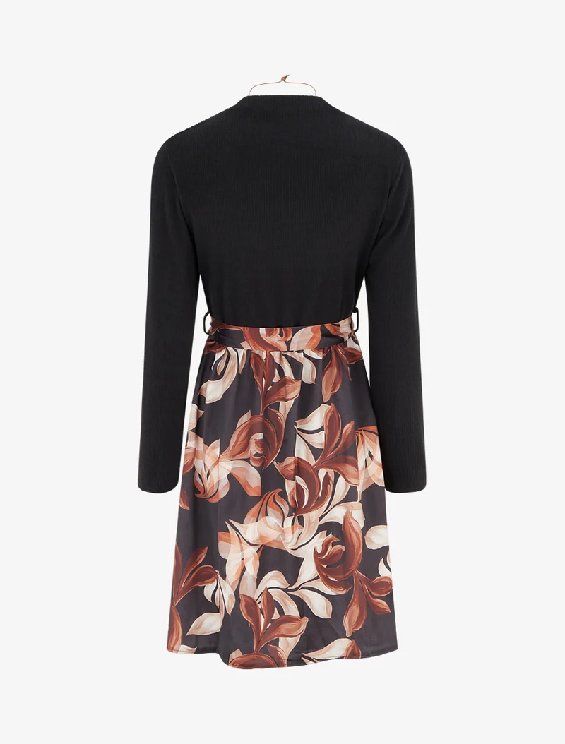 Robe bimatière à imprimé feuillage stylisé - Noir