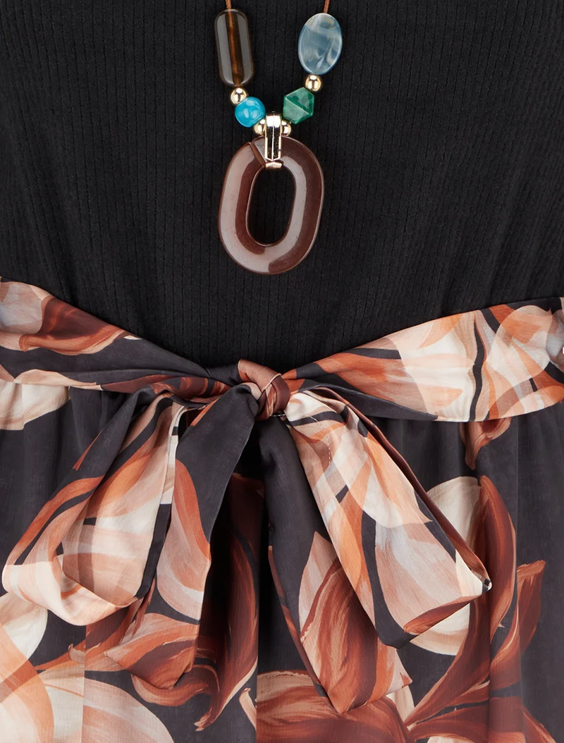 Robe bimatière à imprimé feuillage stylisé - Noir