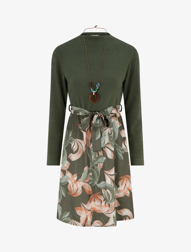 Robe bimatière à imprimé feuillage stylisé - Kaki