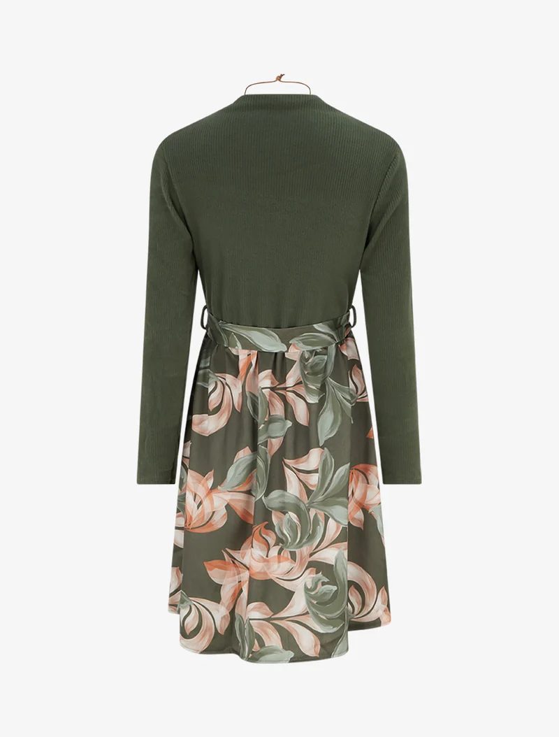 Robe bimatière à imprimé feuillage stylisé - Kaki