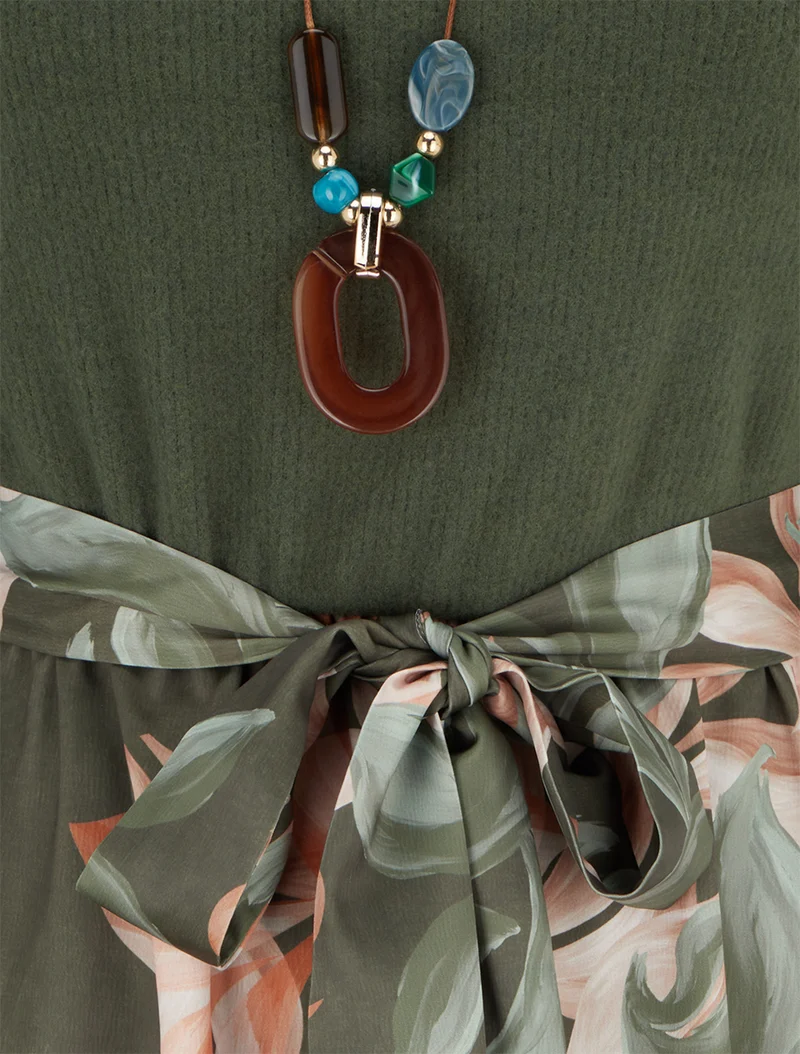Robe bimatière à imprimé feuillage stylisé - Kaki