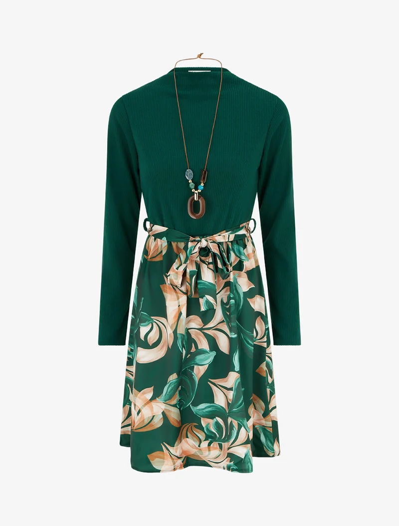 Robe bimatière à imprimé feuillage stylisé - Vert foncé