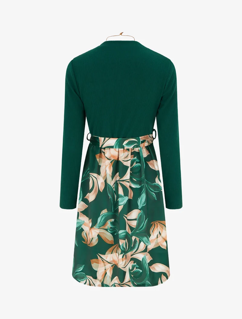Robe bimatière à imprimé feuillage stylisé - Vert foncé