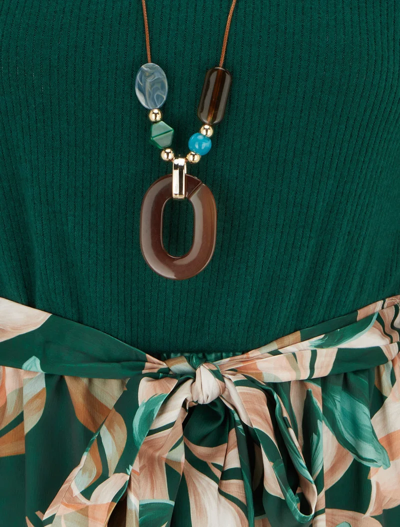 Robe bimatière à imprimé feuillage stylisé - Vert foncé