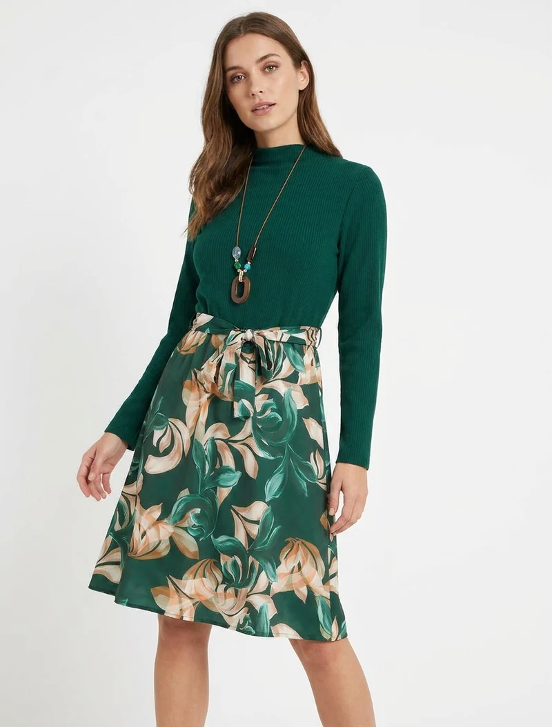 Robe bimatière à imprimé feuillage stylisé - Vert foncé