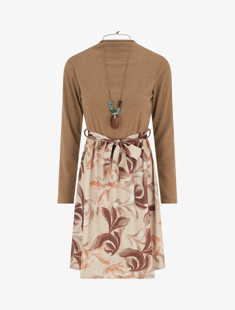 Robe bimatière à imprimé feuillage stylisé - Camel