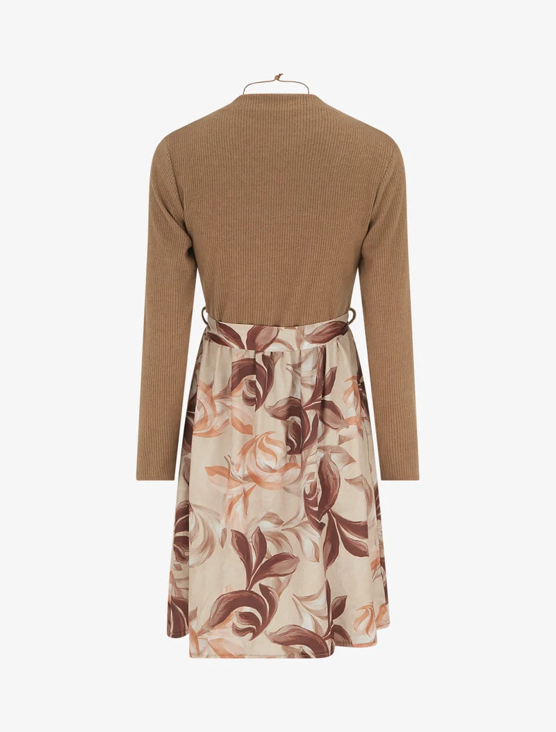 Robe bimatière à imprimé feuillage stylisé - Camel