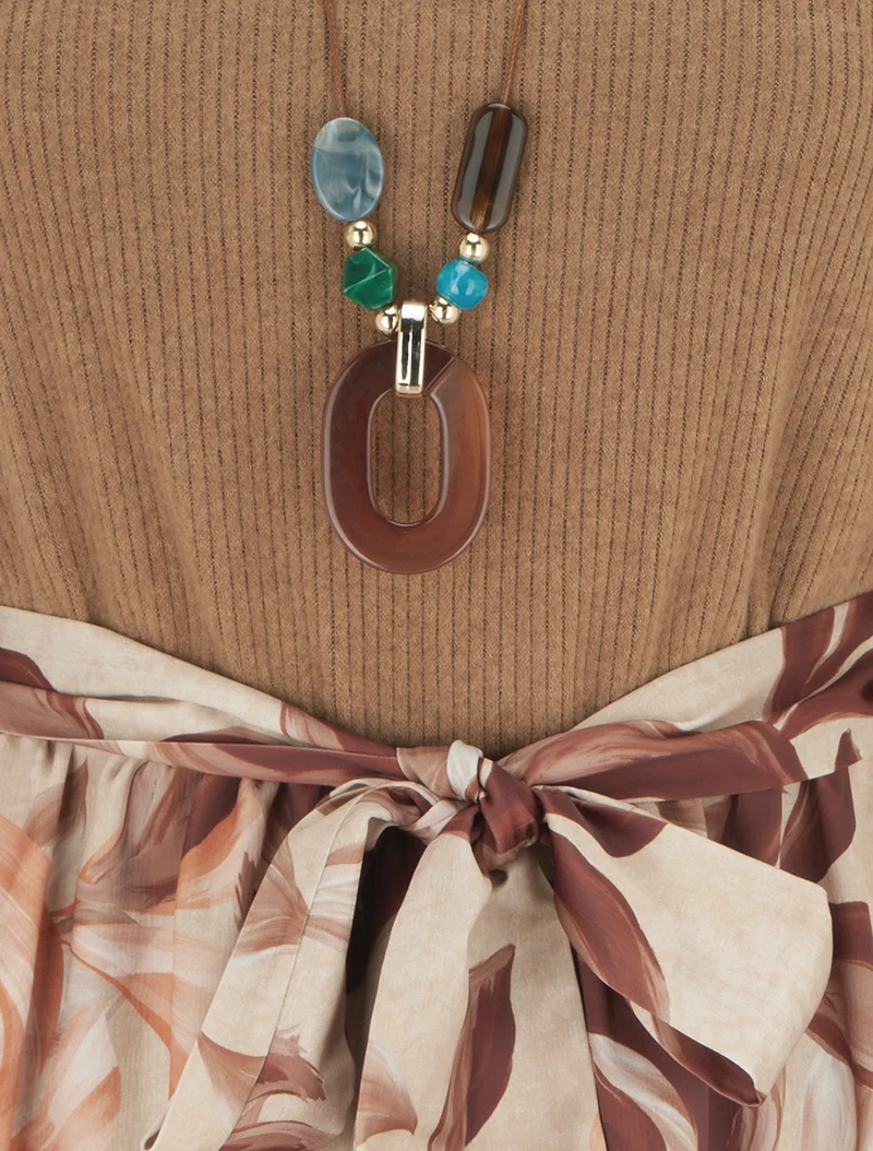 Robe bimatière à imprimé feuillage stylisé - Camel