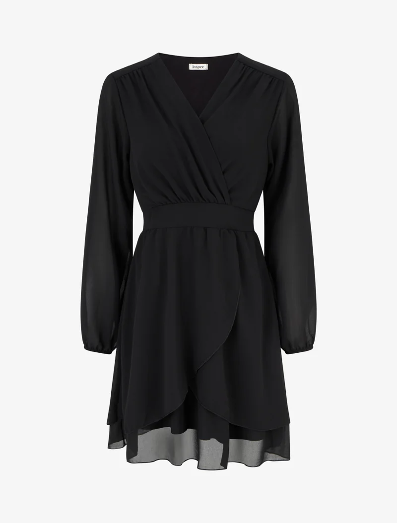 Robe unie style portefeuille à manches longues - Noir