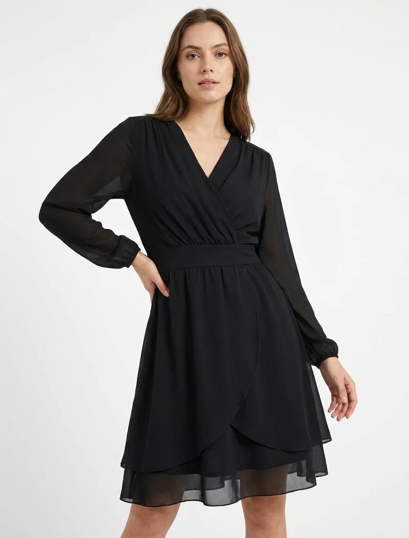 Robe unie style portefeuille à manches longues - Noir