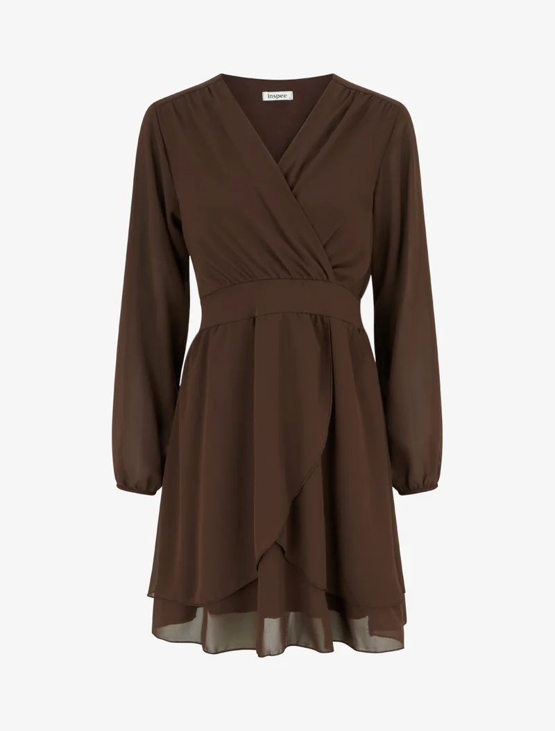 Robe unie style portefeuille à manches longues - Marron
