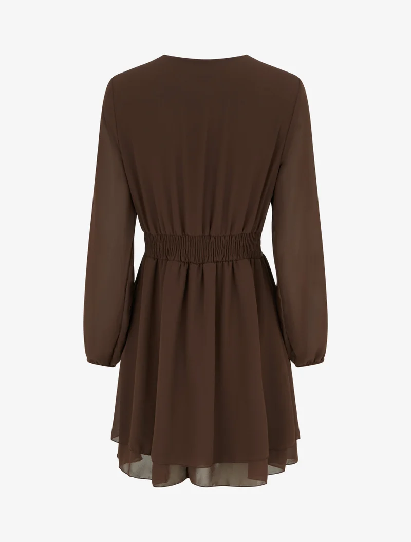 Robe unie style portefeuille à manches longues - Marron