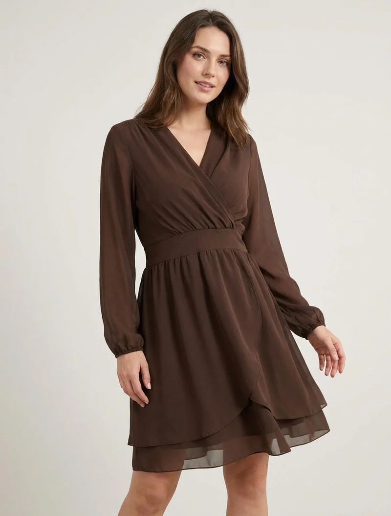 Robe unie style portefeuille à manches longues - Marron