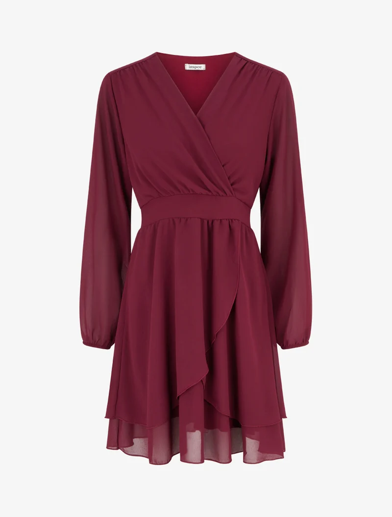 Robe unie style portefeuille à manches longues - Lie de vin
