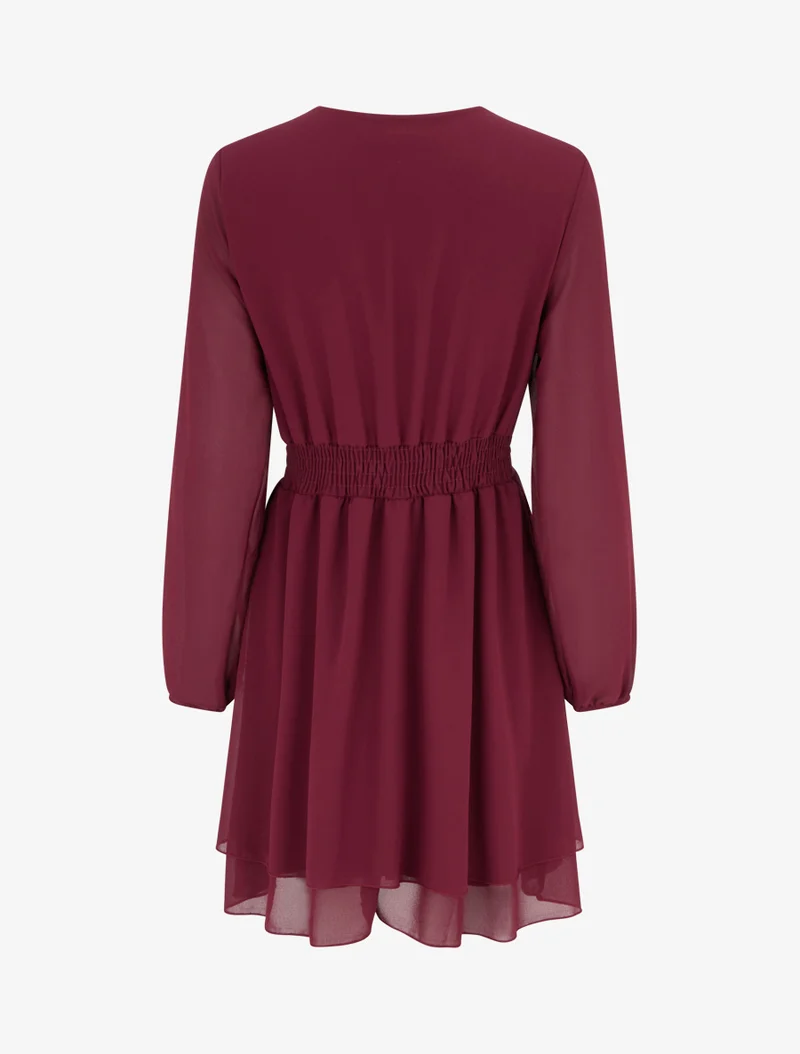 Robe unie style portefeuille à manches longues - Lie de vin