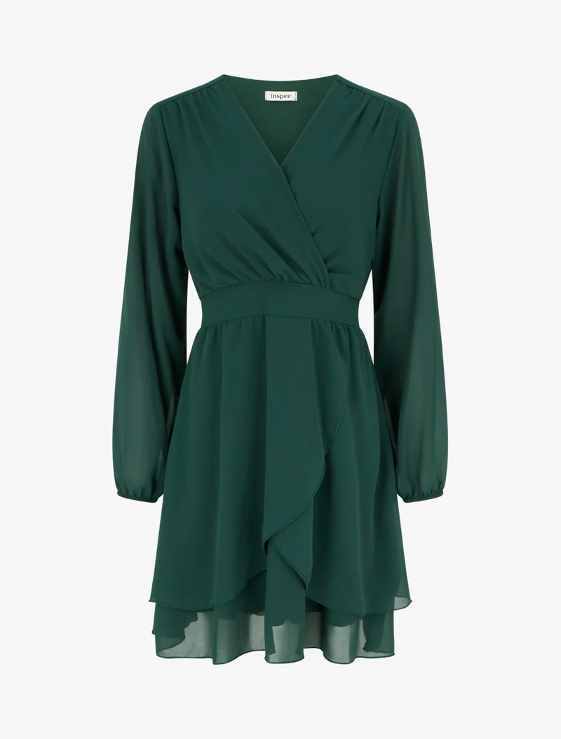 Robe unie style portefeuille à manches longues - Vert foncé