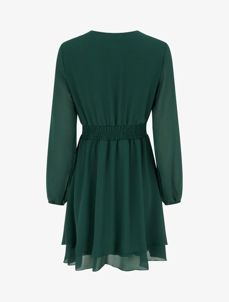 Robe unie style portefeuille à manches longues - Vert foncé