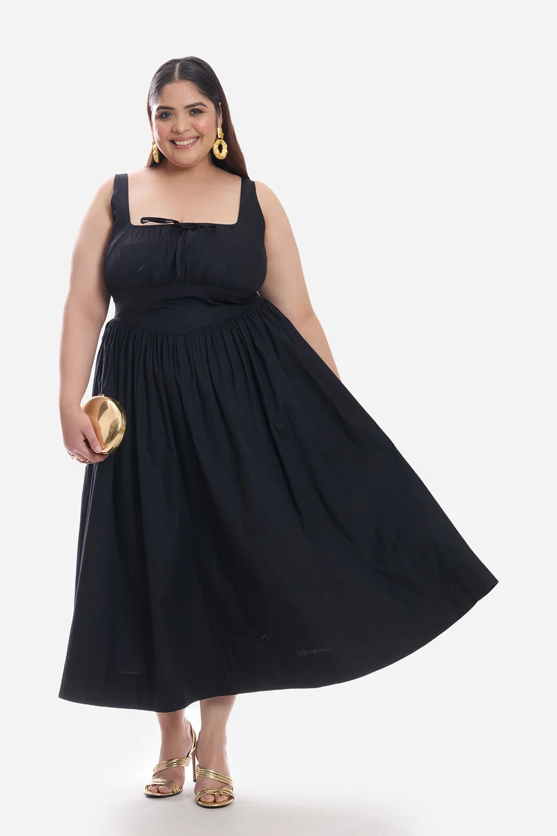 Caeli|Cotton Corset Waist Basque Midi Dress