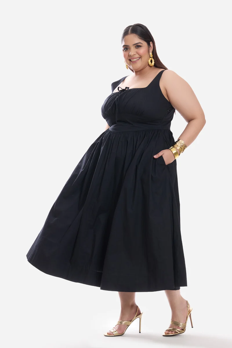 Caeli|Cotton Corset Waist Basque Midi Dress