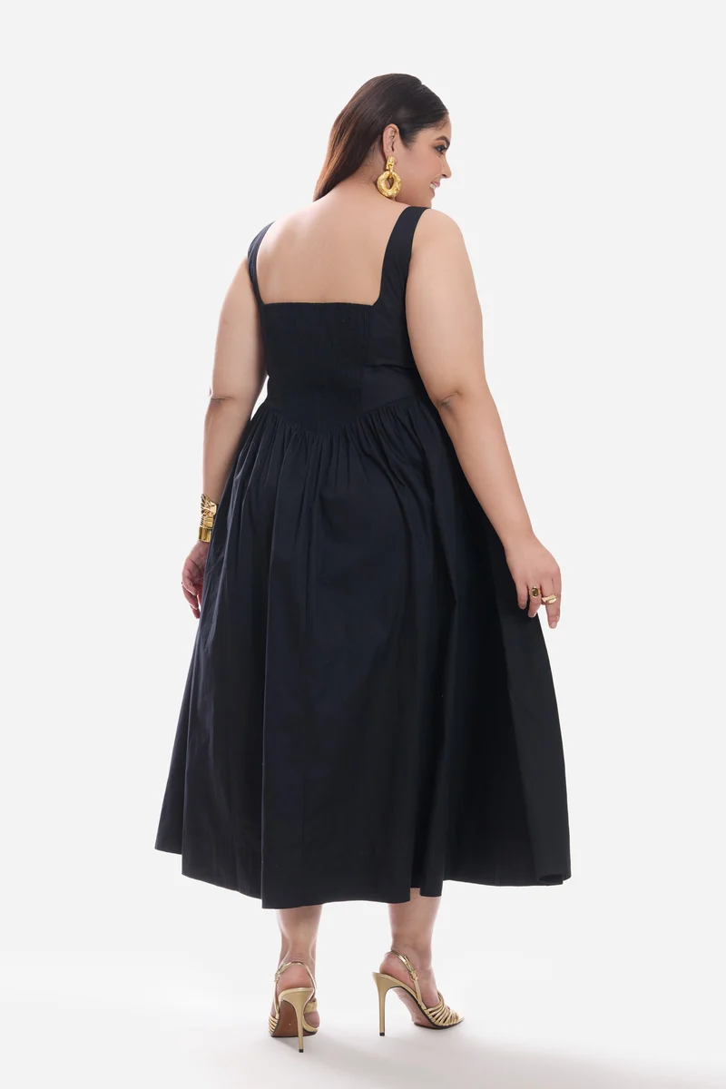 Caeli|Cotton Corset Waist Basque Midi Dress
