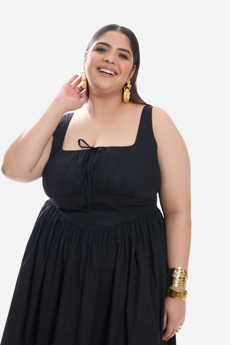 Caeli|Cotton Corset Waist Basque Midi Dress