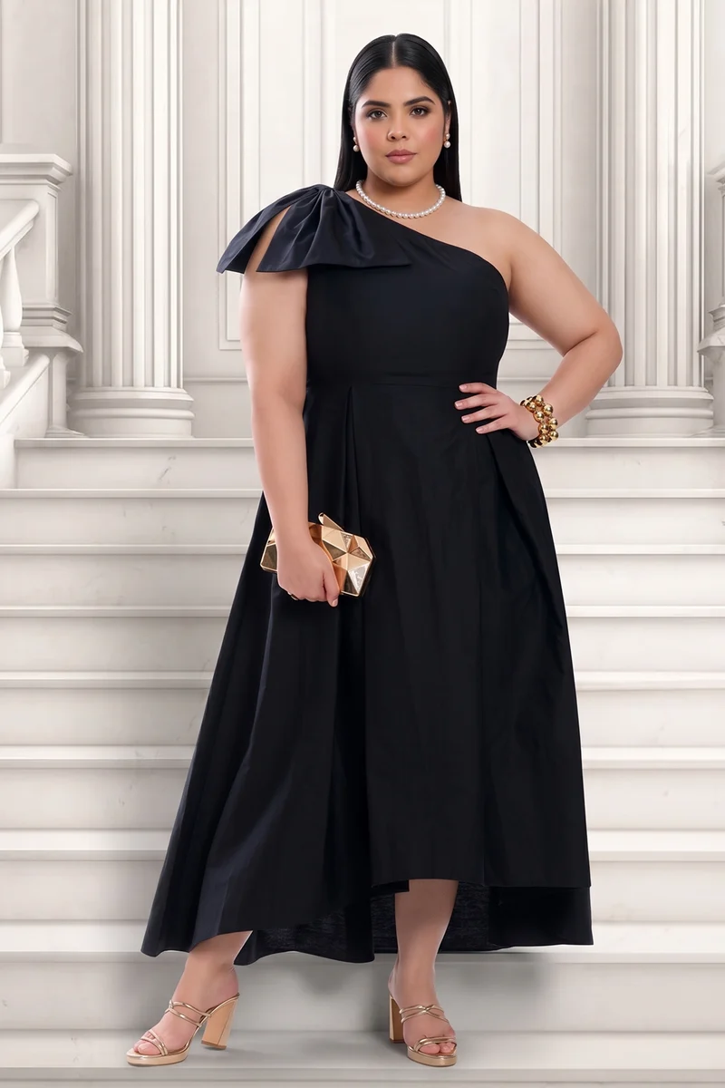 Brina|Cotton One Shoulder Bow Gown