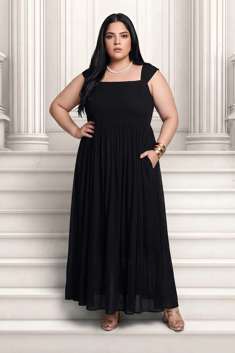 Jilna|Viscose Gathered Strap Midi Layered Dress