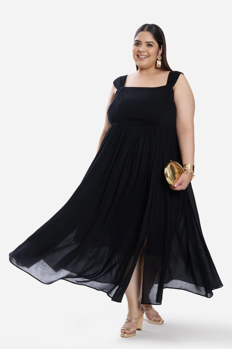 Jilna|Viscose Gathered Strap Midi Layered Dress