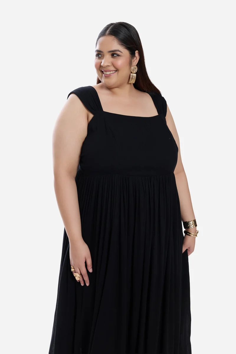 Jilna|Viscose Gathered Strap Midi Layered Dress