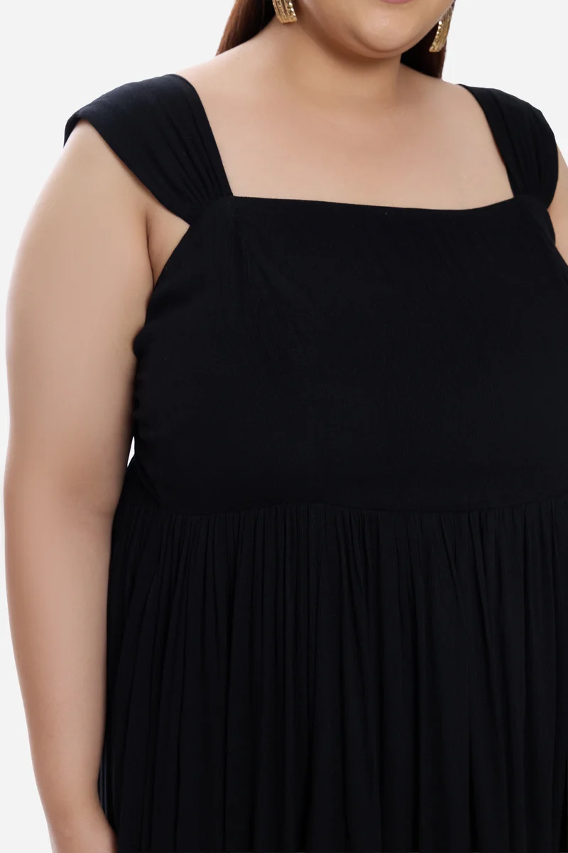 Jilna|Viscose Gathered Strap Midi Layered Dress