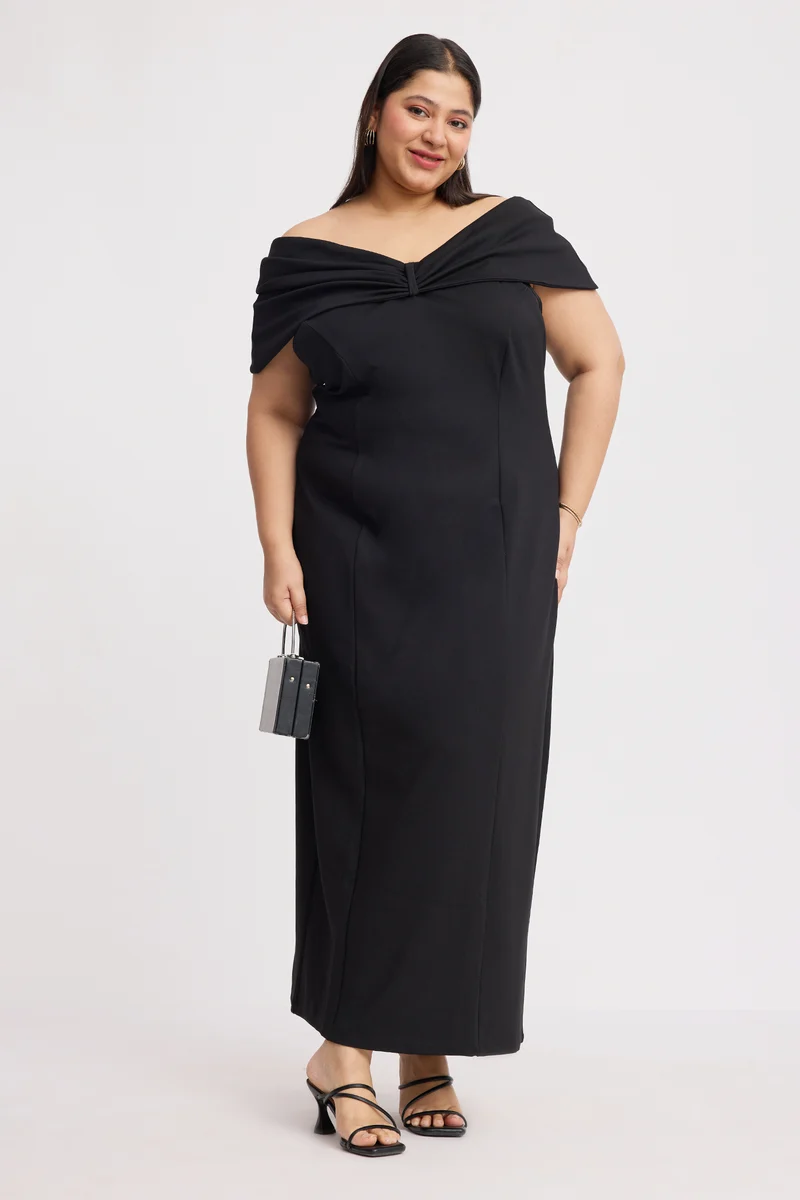 Caliah|Ponte Off Shoulder Bow Maxi Dress