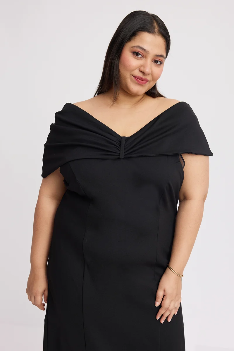 Caliah|Ponte Off Shoulder Bow Maxi Dress
