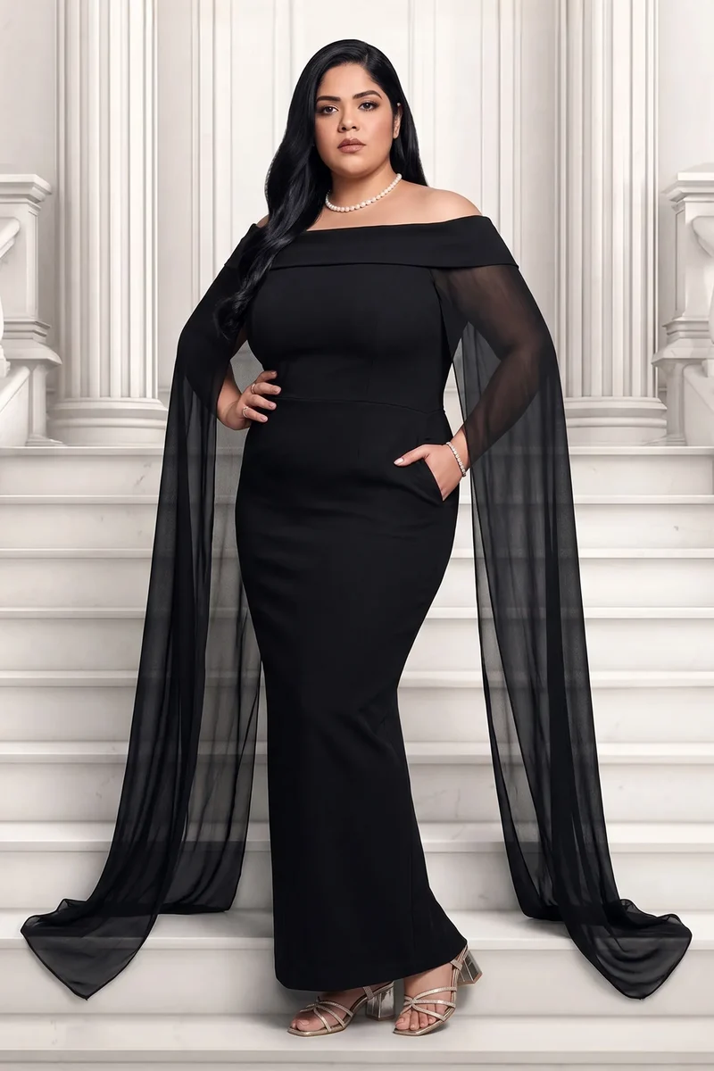 Jeona|Ponte Off Shoulder Bodycon Cape Dress