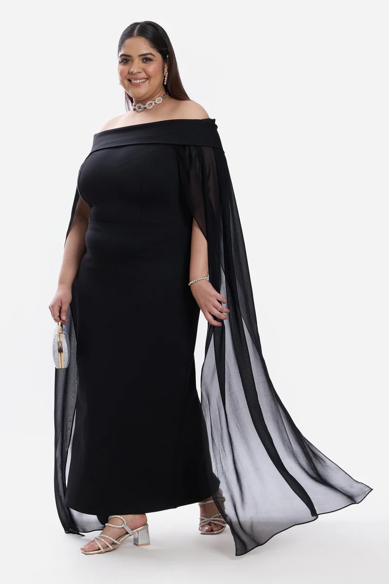 Jeona|Ponte Off Shoulder Bodycon Cape Dress
