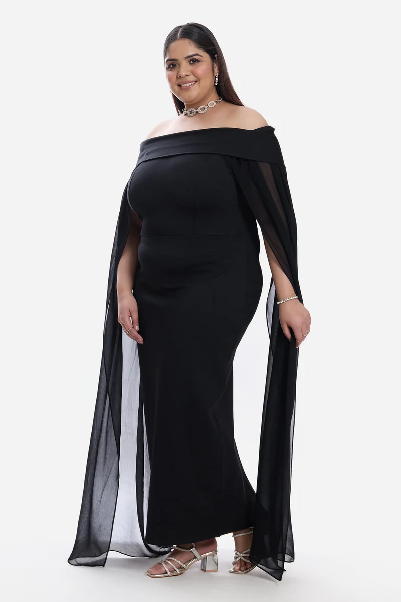 Jeona|Ponte Off Shoulder Bodycon Cape Dress