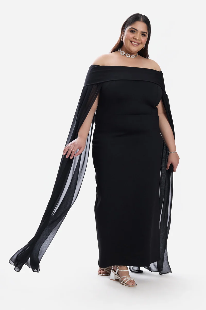 Jeona|Ponte Off Shoulder Bodycon Cape Dress