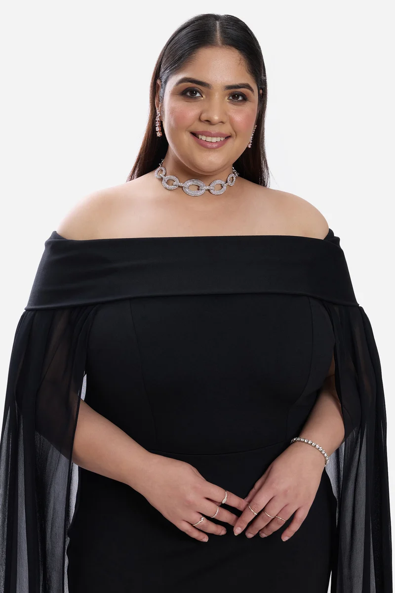 Jeona|Ponte Off Shoulder Bodycon Cape Dress
