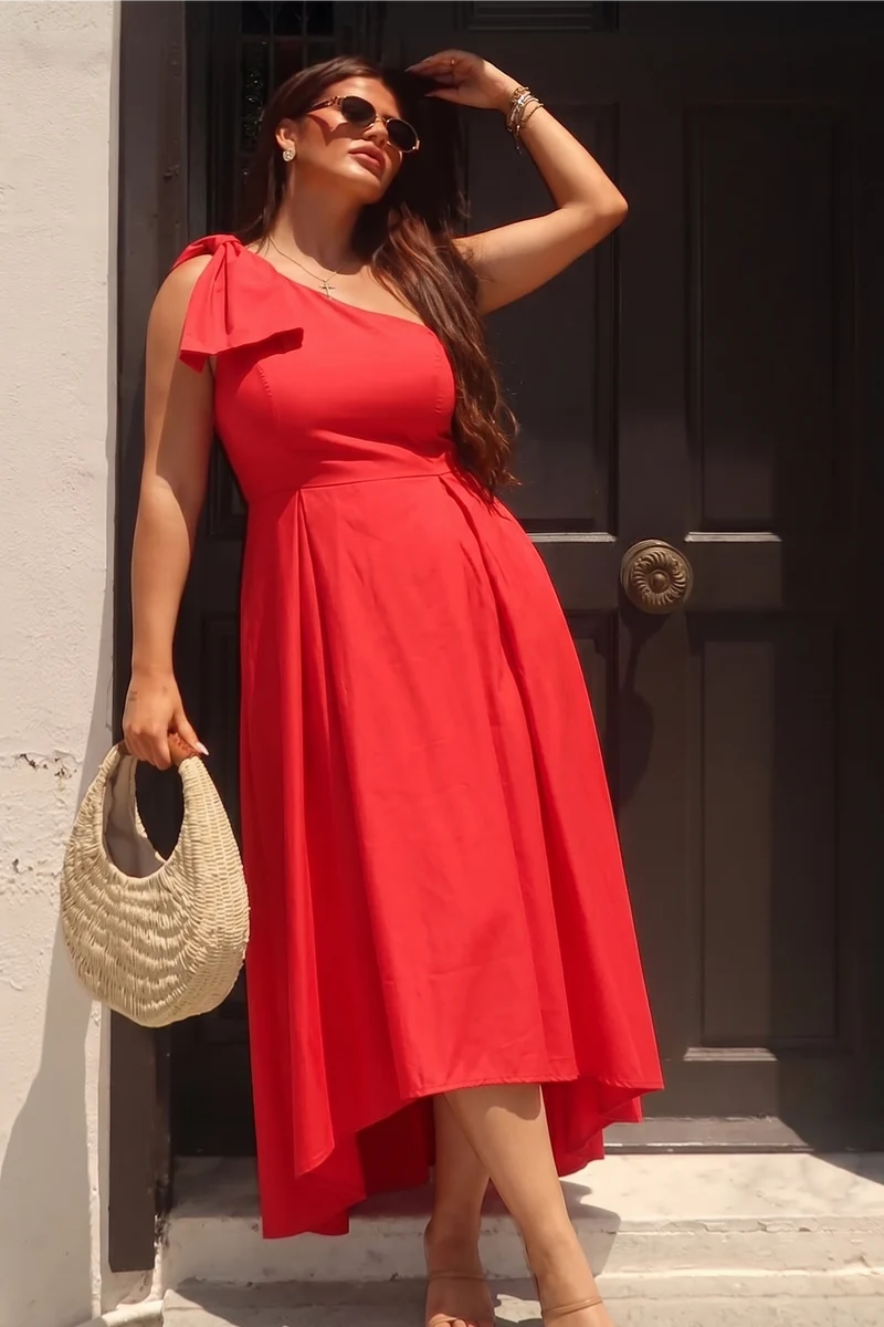 Biara|Cotton One Shoulder Bow Gown