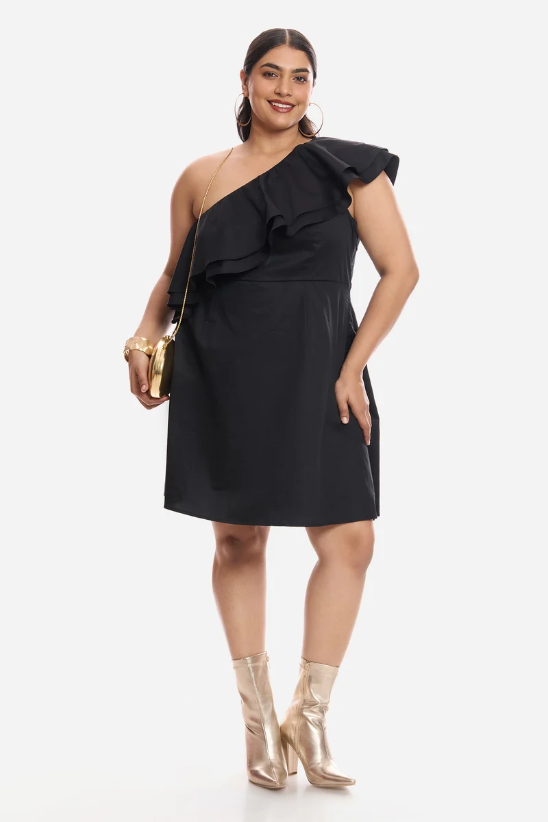 Aneli|Cotton One Shoulder Mini Dress With Ruffles